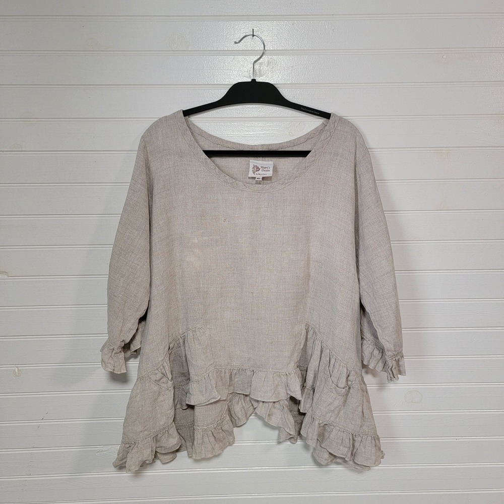 Heart's Desire Mary Grace Linen Ruffle Tunic Top Beige Lagenlook XL USA Made